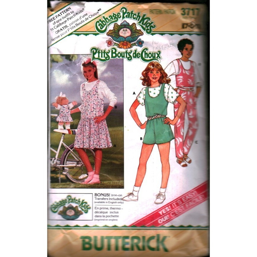 Vintage Butterick 3717 Cabbage Patch Kids Girls Jumper Jumpsuit Sewing Pattern
